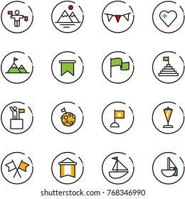 line vector icon set - traffic controller vector, mountains, flag garland, heart, attainment, pyramid, win, moon, pennant, flags cross, sailboat toy