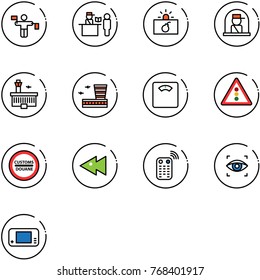 line vector icon set - traffic controller vector, passport control, terrorism, officer window, airport building, floor scales, light road sign, customs, fast backward, remote, eye scanner