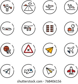 line vector icon set - traffic controller vector, runway, departure, arrival, small plane, helicopter, seats, baggage scales, globe, airport road sign, paper fly, toy