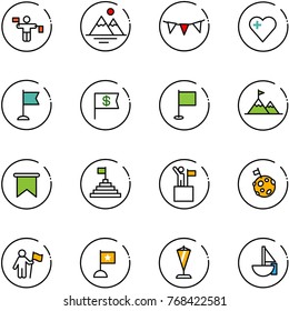 line vector icon set - traffic controller vector, mountains, flag garland, heart, dollar, attainment, pyramid, win, moon, pennant, sailboat toy
