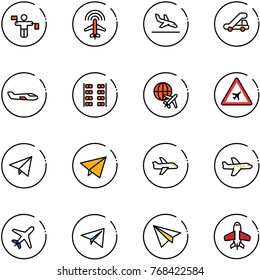 line vector icon set - traffic controller vector, plane radar, arrival, trap truck, small, seats, globe, airport road sign, paper fly, toy