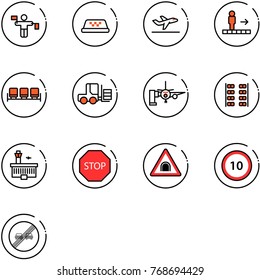 line vector icon set - traffic controller vector, taxi, departure, travolator, waiting area, fork loader, boarding passengers, plane seats, airport building, stop road sign, tunnel, speed limit 10