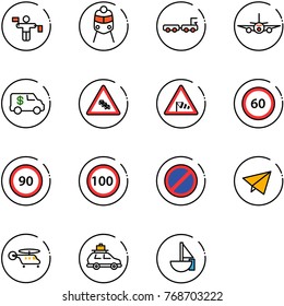 line vector icon set - traffic controller vector, train, baggage truck, plane, encashment car, multi lane road sign, side wind, speed limit 60, 90, 100, no parking, paper fly, helicopter