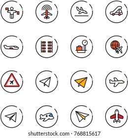 line vector icon set - traffic controller vector, plane radar, arrival, trap truck, small, seats, baggage scales, globe, airport road sign, paper fly, toy