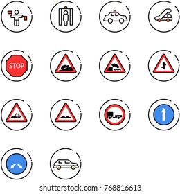 line vector icon set - traffic controller vector, metal detector gate, safety car, trap truck, stop road sign, climb, embankment, intersection, crash, rough, no trailer, only forward, detour