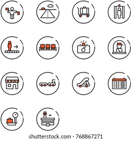 line vector icon set - traffic controller vector, runway, baggage, metal detector gate, travolator, waiting area, terrorism, officer window, duty free, truck, trap, schedule, scales