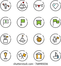 line vector icon set - traffic controller vector, mountains, flag garland, heart, dollar, win, mountain, moon, pennant, flags cross, sailboat toy