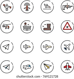 line vector icon set - traffic controller vector, plane radar, arrival, boarding passengers, helicopter, airport building, road sign, paper fly, toy