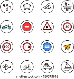 line vector icon set - traffic controller vector, airport bus, trap truck, building, bike, no way road sign, railway intersection, speed limit 50, 100, 110, paper fly, plane, car baggage