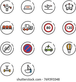 line vector icon set - traffic controller vector, taxi, departure, airport bus, waiting area, fork loader, speed limit 80 road sign, 120, end, no parking, electric car, air balloon, gyroscope