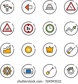 line vector icon set - traffic controller vector, left arrow, cake, turn road sign, children, limited height, time, growth, star medal, crown, suitcase, hand wheel, game console, shovel, beanbag