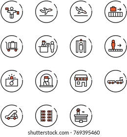 line vector icon set - traffic controller vector, departure, arrival, baggage, passport control, metal detector gate, travolator, terrorism, officer window, duty free, truck, trap, plane seats
