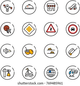 line vector icon set - traffic controller vector, client bell, duty free, trap truck, plane globe, main road sign, intersection, no car, coconut cocktail, flip flops, suitcase, ship, sail boat