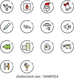 line vector icon set - traffic controller vector, male wc, santa claus, bell, thermometer, abdominal muscles, insurance, volume medium, fast backward, building, green tea, helicopter, agreement