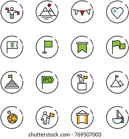 line vector icon set - traffic controller vector, mountains, flag garland, heart, dollar, pyramid, ipo, win, mountain, moon, pennant, sailboat toy