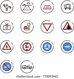 line vector icon set - traffic controller vector, runway, taxi, baggage, terrorism, scales, giving way road sign, landslide, intersection, limited height, circle, only right, end minimal speed limit