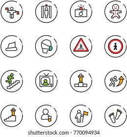 line vector icon set - traffic controller vector, metal detector gate, terrorism, cake man, treadmill, medical mask, pedestrian road sign, no, career, tv news, winner, success, win, feet