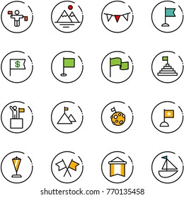 line vector icon set - traffic controller vector, mountains, flag garland, dollar, pyramid, win, mountain, moon, pennant, flags cross, sailboat toy