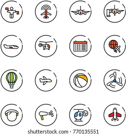 line vector icon set - traffic controller vector, plane radar, boarding passengers, small, helicopter, schedule, globe, air balloon, ball, wind mill, protect glass, dryer, toy