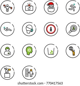 line vector icon set - traffic controller vector, terrorism, santa claus, run, abdominal muscles, medical mask, no pedestrian road sign, head hunter, manager, brain work, garbage, world, win