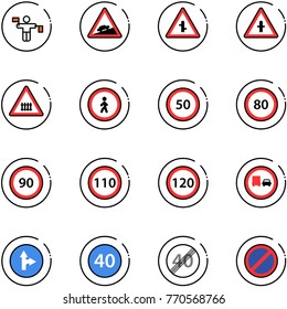 line vector icon set - traffic controller vector, climb road sign, intersection, railway, no pedestrian, speed limit 50, 80, 90, 110, 120, truck overtake, only forward right, minimal, end, parking
