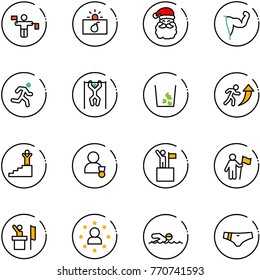 line vector icon set - traffic controller vector, terrorism, santa claus, power hand, run, pull ups, garbage, career, success, winner, win, speaker, star man, swimming, swimsuit