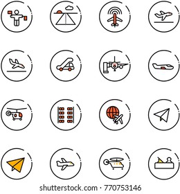 line vector icon set - traffic controller vector, runway, plane radar, departure, arrival, trap truck, boarding passengers, small, helicopter, seats, globe, paper fly, jointer