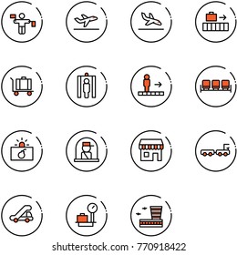 line vector icon set - traffic controller vector, departure, arrival, baggage, metal detector gate, travolator, waiting area, terrorism, officer window, duty free, truck, trap, scales