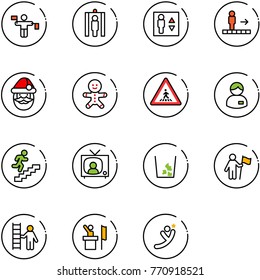 line vector icon set - traffic controller vector, metal detector gate, elevator, travolator, santa claus, cake man, pedestrian road sign, manager, career, tv news, garbage, win, opportunity, speaker