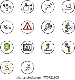 line vector icon set - traffic controller vector, passport control, power hand, treadmill, abdominal muscles, pedestrian road sign, head hunter, career, brain work, tv news, winner, world, star man