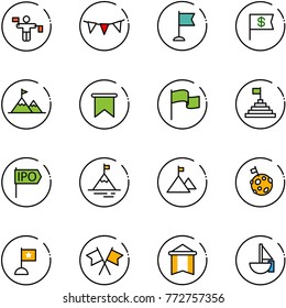 line vector icon set - traffic controller vector, flag garland, dollar, attainment, pyramid, ipo, mountain, moon, flags cross, pennant, sailboat toy