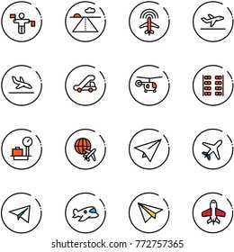 line vector icon set - traffic controller vector, runway, plane radar, departure, arrival, trap truck, helicopter, seats, baggage scales, globe, paper, toy