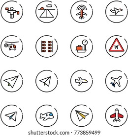 line vector icon set - traffic controller vector, runway, plane radar, departure, helicopter, seats, baggage scales, airport road sign, paper, fly, toy