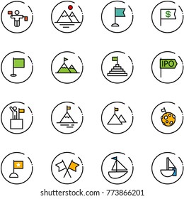 line vector icon set - traffic controller vector, mountains, flag, dollar, attainment, pyramid, ipo, win, mountain, moon, flags cross, sailboat toy