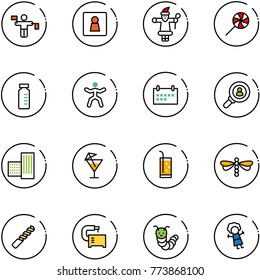 line vector icon set - traffic controller vector, female wc, santa claus, lollipop, vial, gymnastics, schedule, head hunter, building, drink, dragonfly, drill, machine tool, toy caterpillar, doll