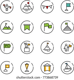 line vector icon set - traffic controller vector, mountains, flag garland, attainment, pyramid, ipo, win, mountain, pennant, sailboat toy