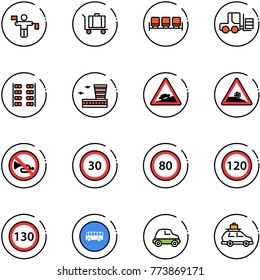 line vector icon set - traffic controller vector, baggage, waiting area, fork loader, plane seats, airport building, climb road sign, steep roadside, no horn, speed limit 30, 80, 120, 130, bus, car