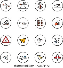 line vector icon set - traffic controller vector, runway, plane radar, departure, trap truck, small, seats, baggage scales, airport road sign, paper fly, toy