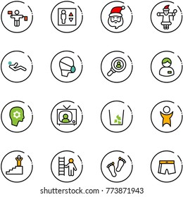 line vector icon set - traffic controller vector, elevator, santa claus, abdominal muscles, medical mask, head hunter, manager, brain work, tv news, garbage, success, opportunity, feet, swimsuit