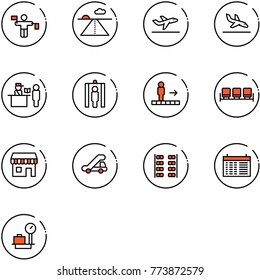 line vector icon set - traffic controller vector, runway, departure, arrival, passport control, metal detector gate, travolator, waiting area, duty free, trap truck, plane seats, schedule
