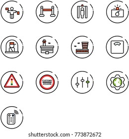 line vector icon set - traffic controller vector, vip zone, metal detector gate, terrorism, officer window, airport building, floor scales, light road sign, customs, settings, gear globe