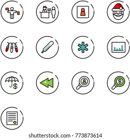 line vector icon set - traffic controller vector, passport control, female wc, santa claus, garland, thermometer, ambulance star, statistics, insurance, fast backward, head hunter, search money