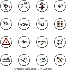 line vector icon set - traffic controller vector, runway, plane radar, departure, arrival, helicopter, seats, airport road sign, jointer, paper, toy