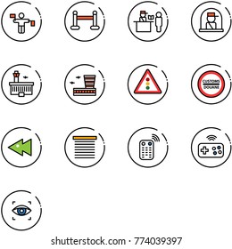 line vector icon set - traffic controller vector, vip zone, passport control, officer window, airport building, light road sign, customs, fast backward, jalousie, remote, joystick wireless