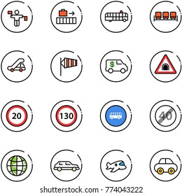 Line Vector Icon Set - Traffic Controller Vector, Baggage, Airport Bus, Waiting Area, Trap Truck, Side Wind, Encashment Car, Tunnel Road Sign, Speed Limit 20, 130, End, Globe, Limousine, Plane Toy