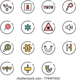 line vector icon set - traffic controller vector, female wc, garland, lollipop, ambulance star, tunnel road sign, volume medium, search money, managemet, luck, agreement, dragonfly, crown drill