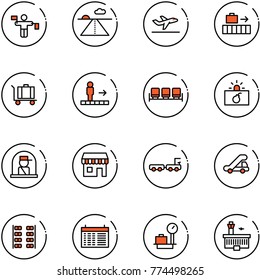 line vector icon set - traffic controller vector, runway, departure, baggage, travolator, waiting area, terrorism, officer window, duty free, truck, trap, plane seats, schedule, scales