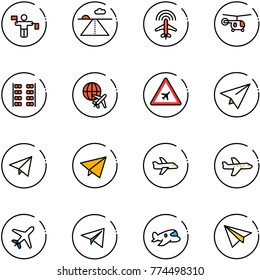 line vector icon set - traffic controller vector, runway, plane radar, helicopter, seats, globe, airport road sign, paper, fly, toy
