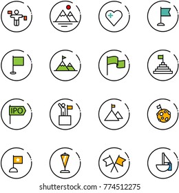 line vector icon set - traffic controller vector, mountains, heart, flag, attainment, pyramid, ipo, win, mountain, moon, pennant, flags cross, sailboat toy