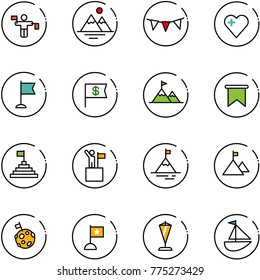line vector icon set - traffic controller vector, mountains, flag garland, heart, dollar, attainment, pyramid, win, mountain, moon, pennant, sailboat toy
